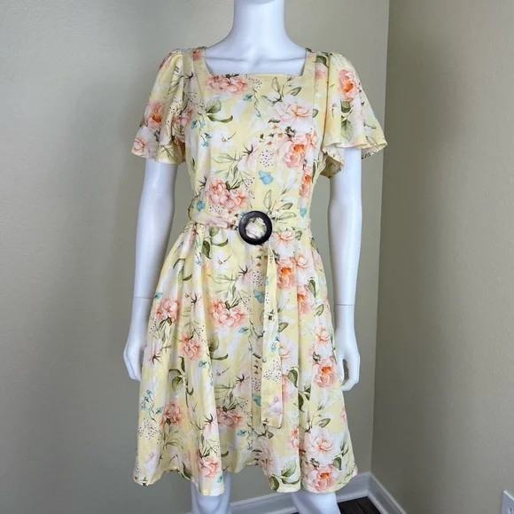 Code By Lifestyle Women’s Size 12 Yellow Floral Linen Cotton Fit & Flare Dress - Picture 16 of 16